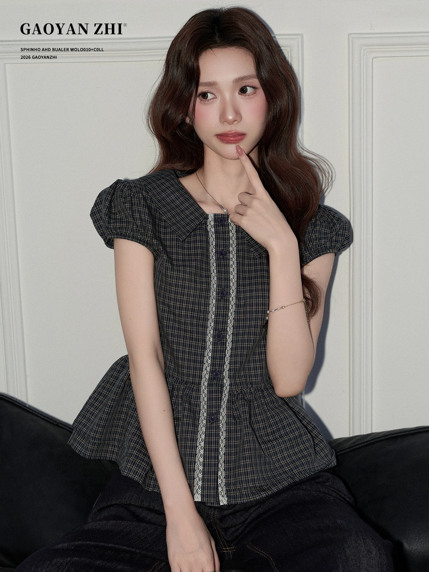 

Женская летняя рубашка с высокой талией в клетку, новый стиль, с рукавами-фонариками, кружевными вставками, отложным воротником, в художественном ретро-стиле, для молодых девушек