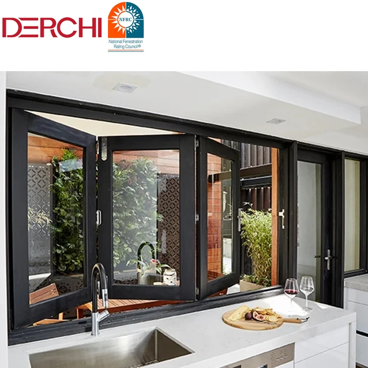 DERCHI Aluminium gehard glas accordeon horizontaal opvouwbaar lokaal raam tweevoudige ramen