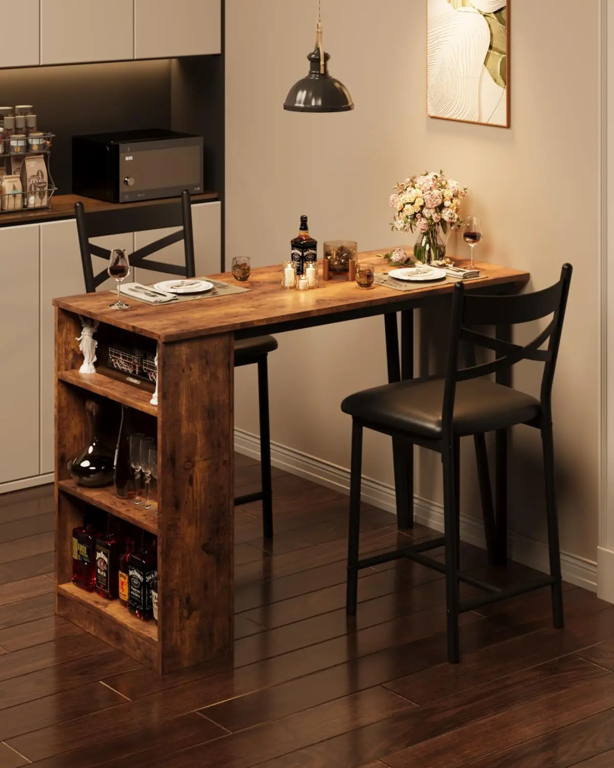 

3 Piece Bar Table Set With Flip Top Extension, Wooden Dining Table With Storage Shelves For Small Space