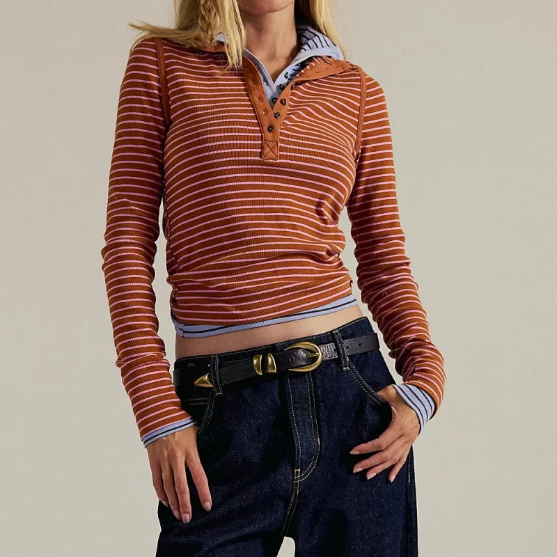 

Y2K Retro Striped Long Sleeve Pullovers Top Ribeed Knit Button up Turtleneck Layered Jumper Tops Women's Autumn Mall Goth Tees