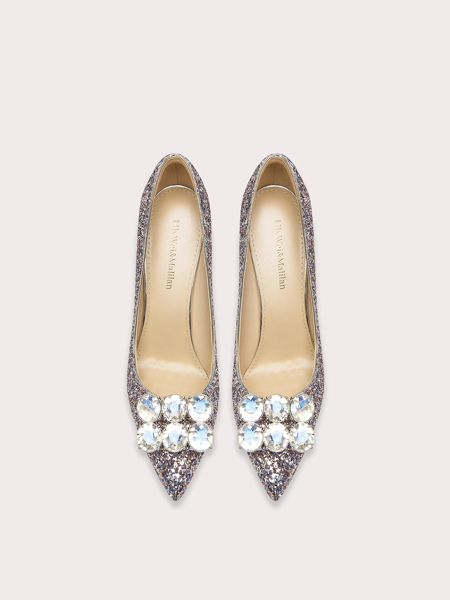 Spring new shallow sequin crystal wide version low-heeled shoes fine high-heeled banquet large size small size women's shoes