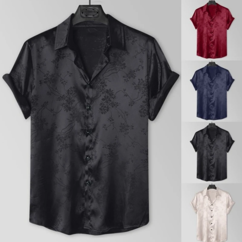 Men's Fashion Simple Jacquard Shirt 2024 New Summer Light Luxury Satin Short Sleeve Tops Cardigan Men Clothing D0148