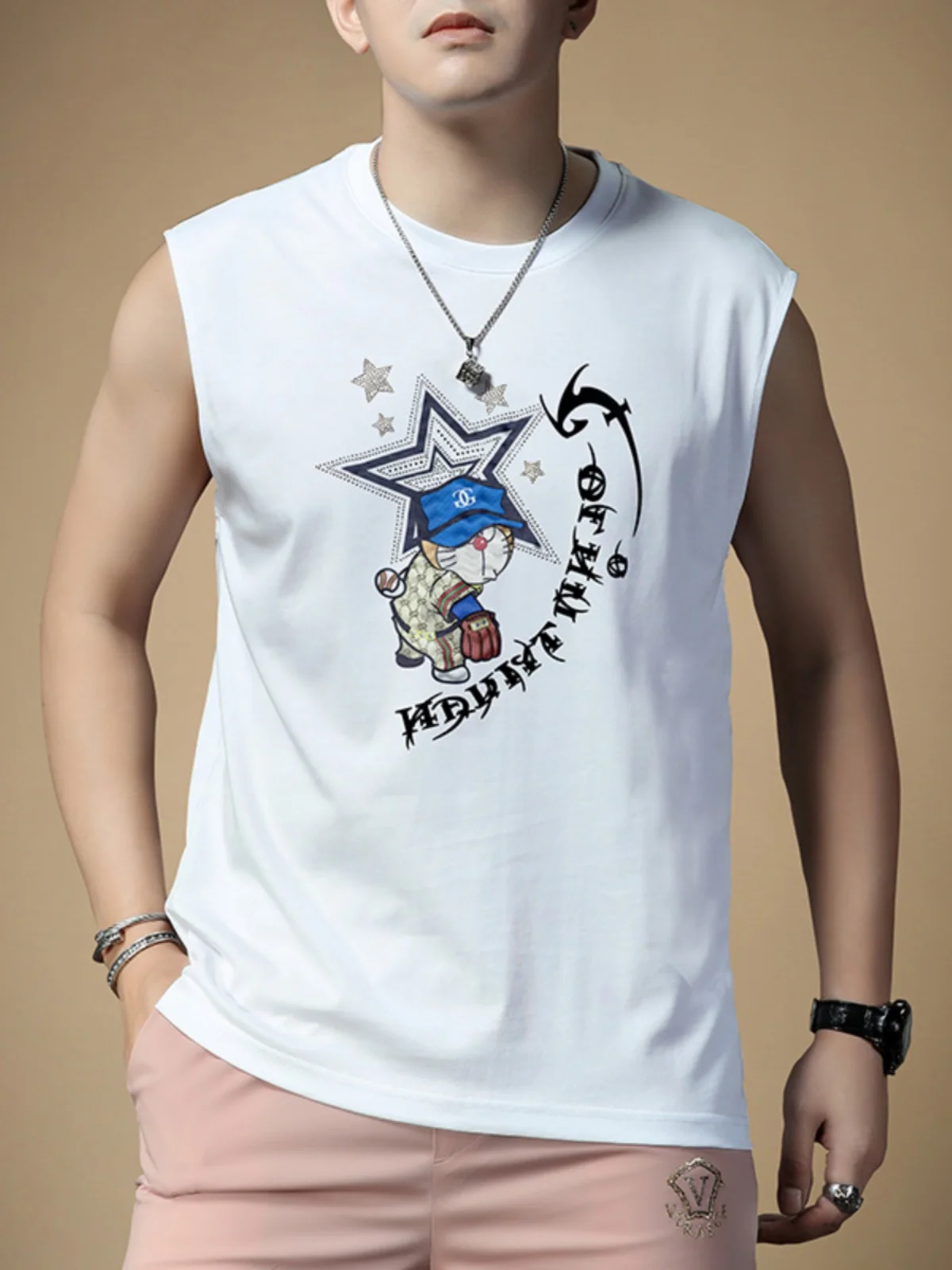 

Loose Men's Sleeveless T-Shirt Summer Fitness Running Sport Vest Machine Trendy Brand round Neck Cotton Polyester Blend