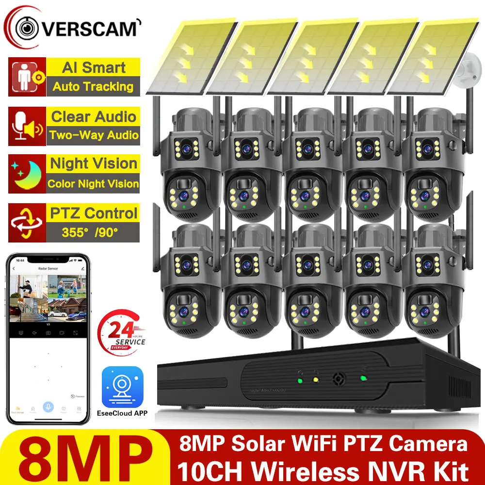 solar power bateria carregada wifi ptz kit cameras ip nvr sem fio auto rastreamento cctv security cam system 4k 8mp 10ch 01