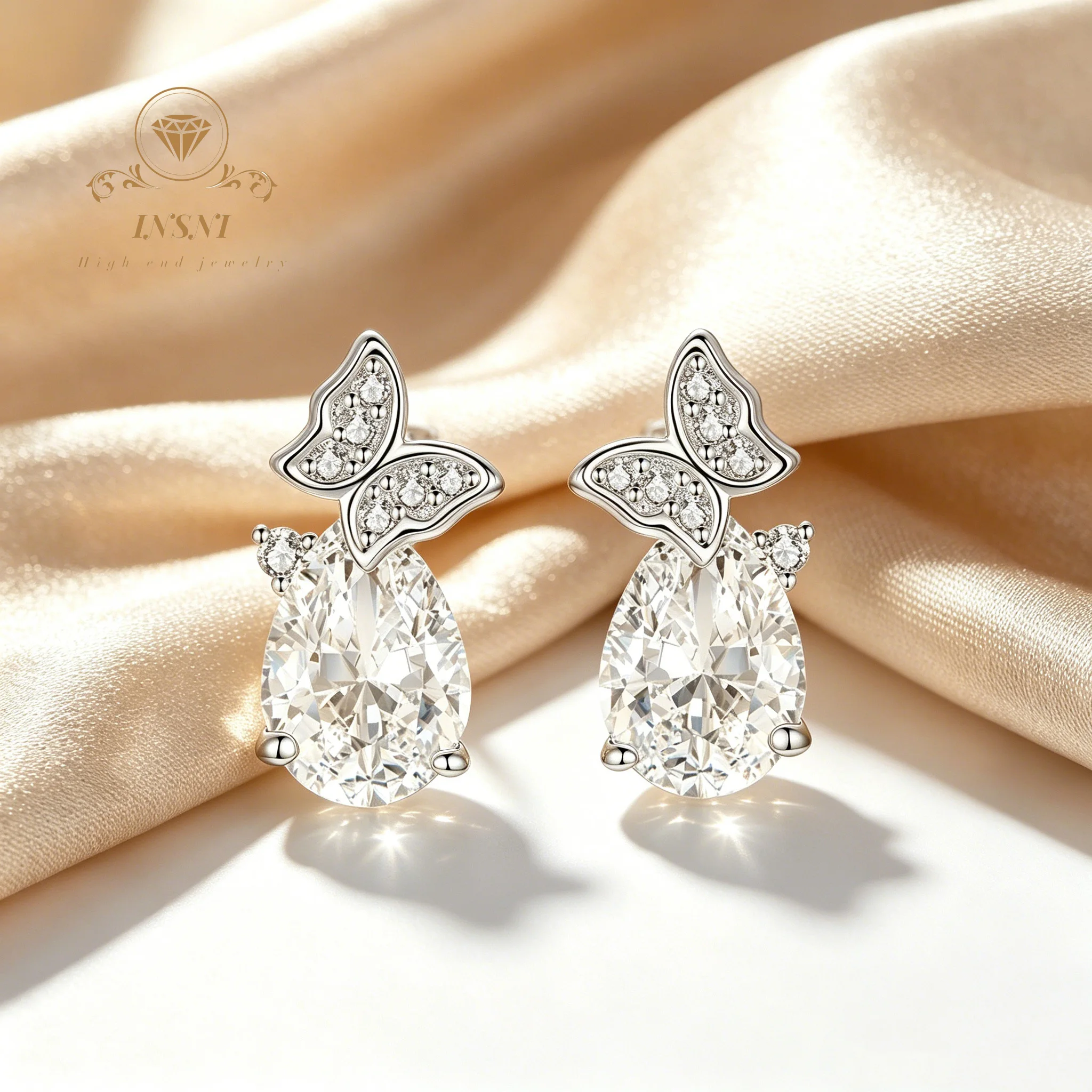 925 Silver Earrings Women's Niche Fashion Micro-inlaid Water Drop Butterfly Earrings Simple Design Temperament Versatile Jewelry