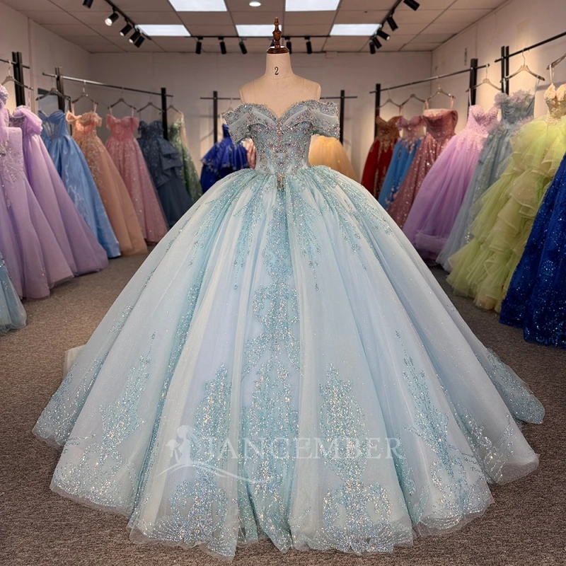 

Небесно-голубое блестящее платье Quinceanera с открытыми плечами, бальное платье Sweet 16, платье с блестками и аппликацией, кружевное тюлевое платье с бусинами, платья для дня рождения