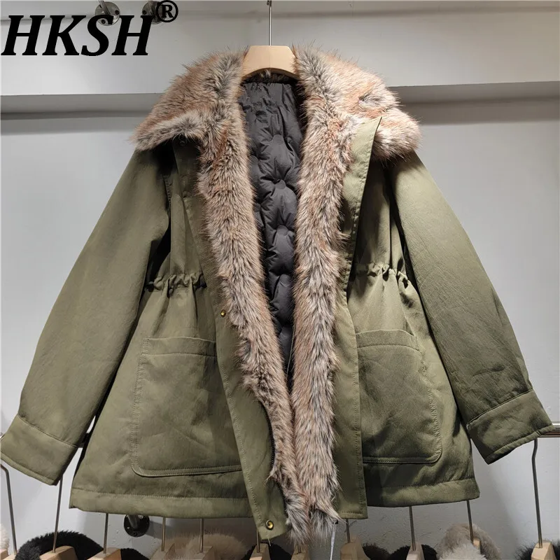 

HKSH 2025 Winter New Women's Padded Coat Drawstring Waist Patchwork Faux Fur Collar Pockets Safari Style Ins Warm Jacket HK15787