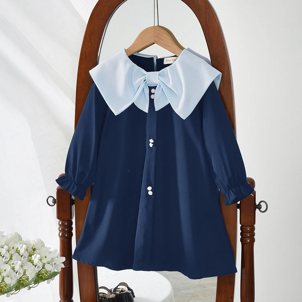 Korean Version Fashionable Elegant Girls Dresses Lapel and Long Sleeves Children's Clothing Birthday Party Black Princess Dress