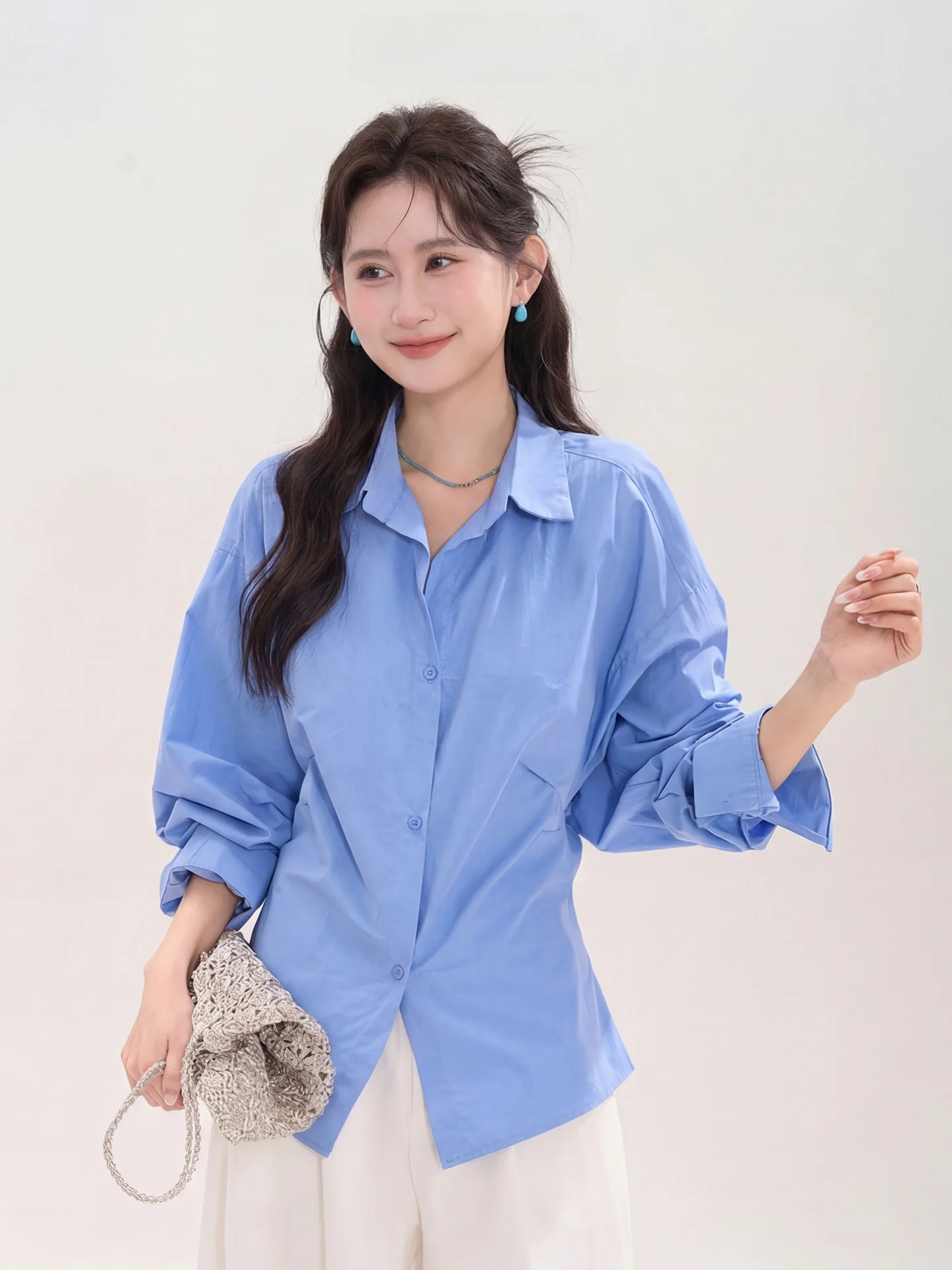 

Slimming High Waist Shirt Women's Commute Folded Hemline Versatile Spring Season Long Sleeve Business Casual Style Top