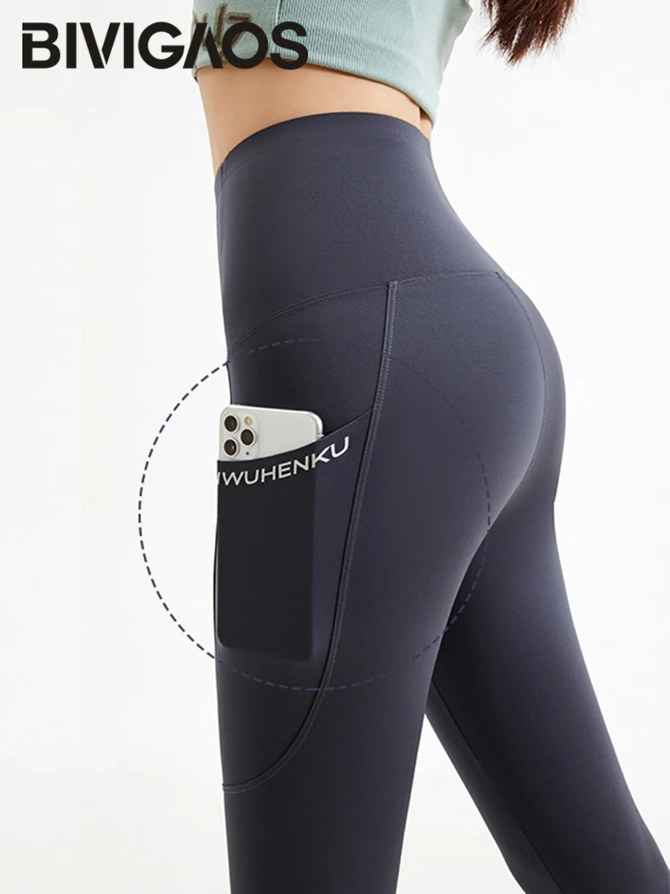 BIVIGAOS 2024 New Breasted Zipper Pocket Shark Leggings Women High Waist Slimming Leggings Spring Summer Sports Fitness Leggings