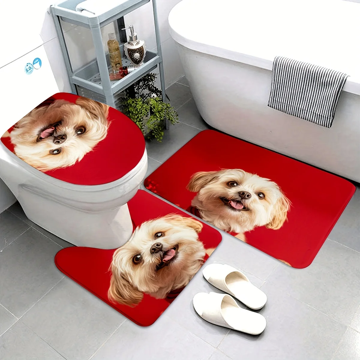 

3-piece set with cute dog prints, U-shaped mats, non-slip mats, toilet seat covers, suitable for bathroom decoration