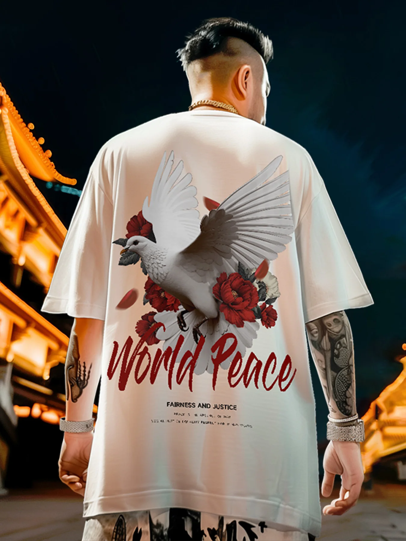 

Summer white ink direct spray Peace bird print pure cotton round neck short-sleeved T-shirt fashion fashion brand casual top