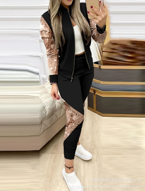 

Women's Spring and Autumn Fashion Simple Casual Retro Printed Contrasting Sequin Zipper Design Jacket and Drawstring Pants Set