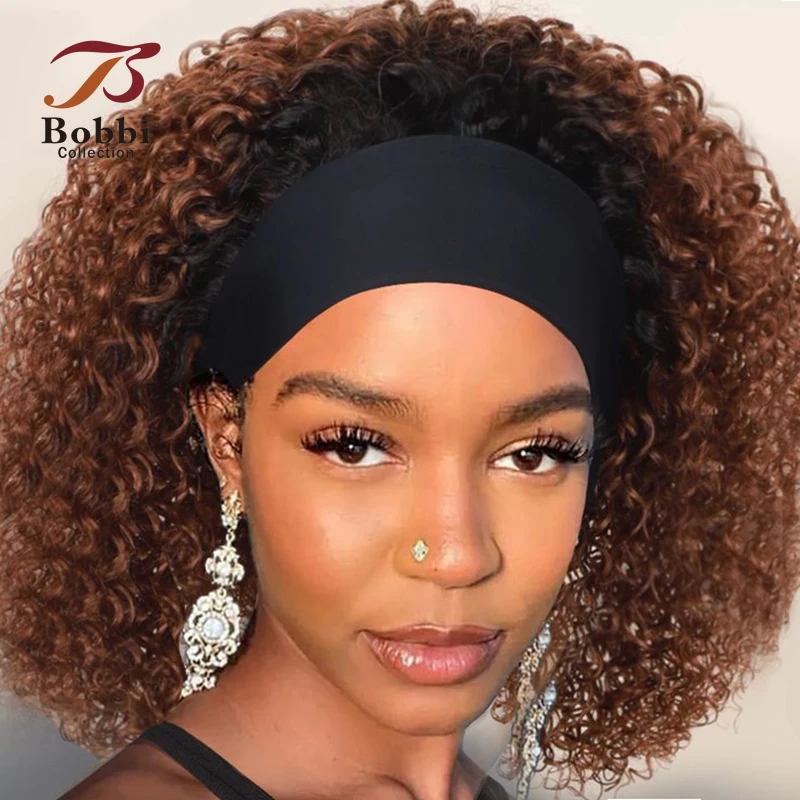 220% Density Glueless Human Hair Wigs for Women Short Curly Headband Wig Ombre 1B 30 Jerry Curly Wear Go Wig Ginger Brown Bobbi - Image 2