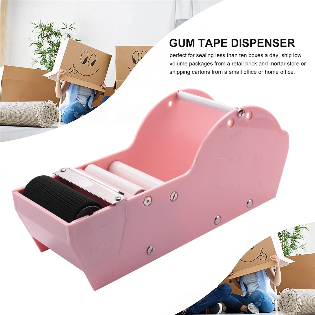 Dispensador de cinta rosa de escritorio, dispensador de cinta activada por agua, dispensador de cinta de goma, suministros de oficina de sellado para cartón