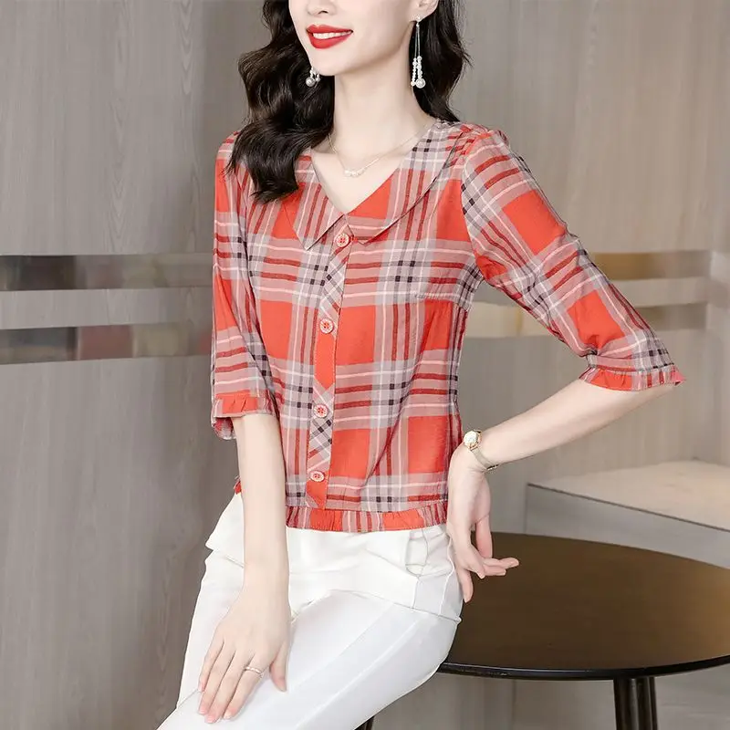 2023 Stylish Plaid Casual Peter Pan Collar Blouse Spring Summer 3/4 Sleeve Button Female Clothing Spliced Commute Straight Shirt