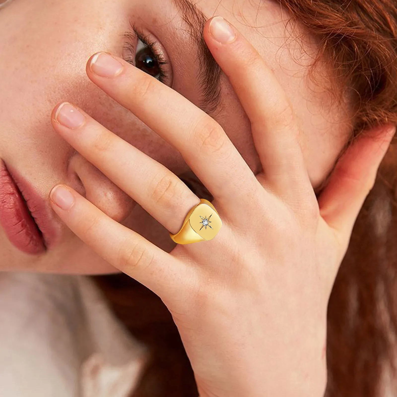Women Fashion Star Signet Rings, Gold Color Solid Metal Square Round Top Stamp AAA CZ Stone Band, Chic Boho Cool Jewelry
