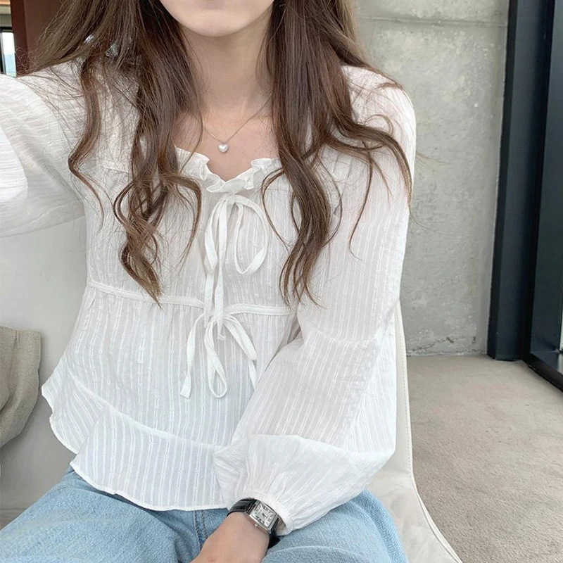 Fashoin New Vintage Loose White Blouse Women Casual Long Sleeve Ruffled Shirt Tops Fashion Square Collar Solid Lady Shirts 11700