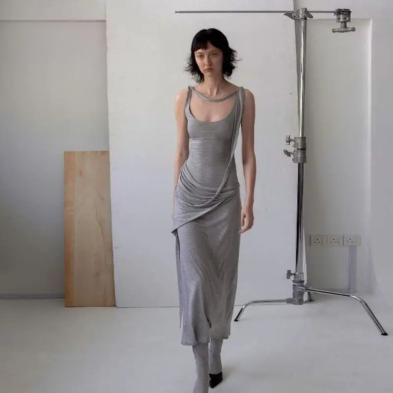 Waist Slimming Camisole Dress Women Sexy Low Collar Laziness Casualness Comfort Irregular Strap Skirt Sleeveless Maxi Sundress