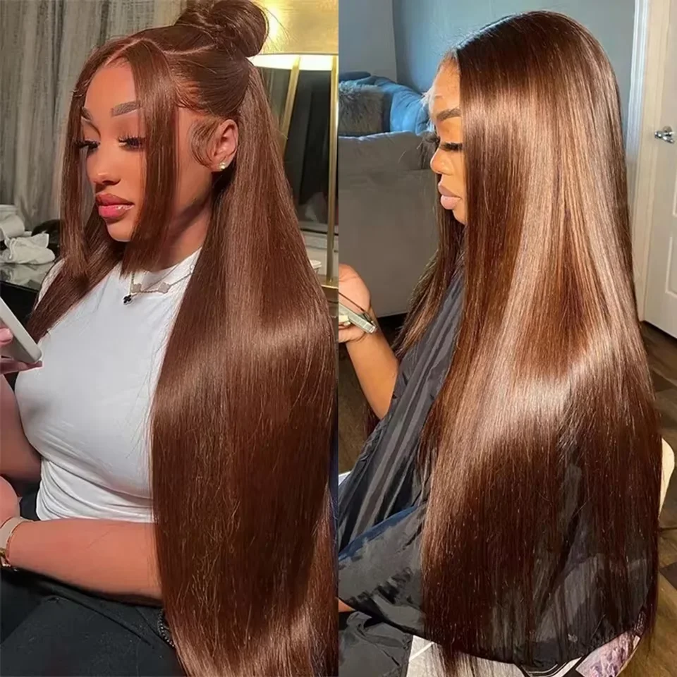 

220 Desnity Длинные шоколадно-коричневые прямые 40 46 дюймов Полная фронтальная часть 13x4 13x6 HD Прозрачные кружевные передние парики из человеческих волос Remy