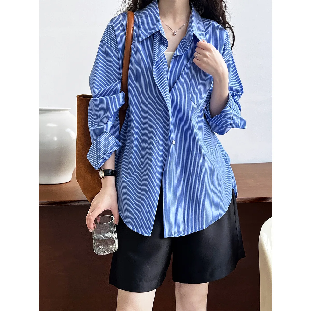 Spring and Summer Port Style Striped Shirt Women Lazy Loose Down Shoulder Sleeve Shirt Women's Clothing