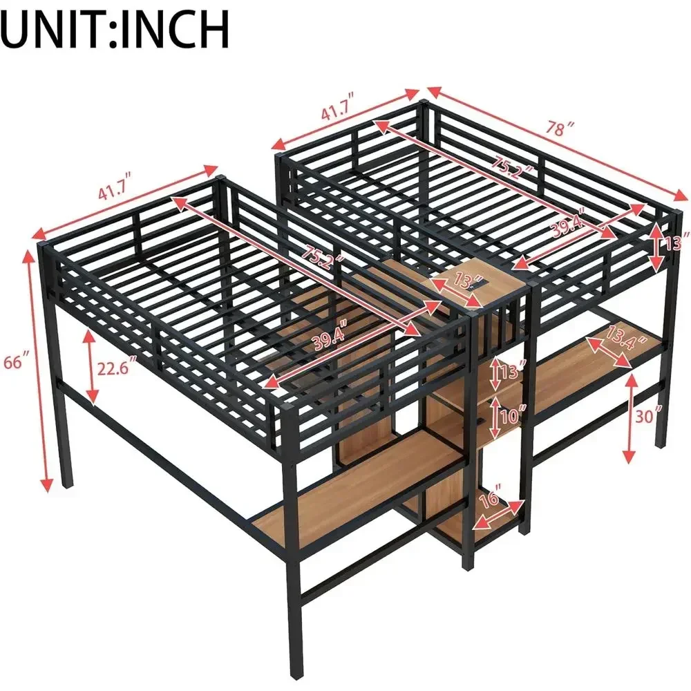 Twin Size Metal Loft Bed with Desk, Charging Station, Wardrobe, Storage, Easy Assembly, Black & Natural Wood
