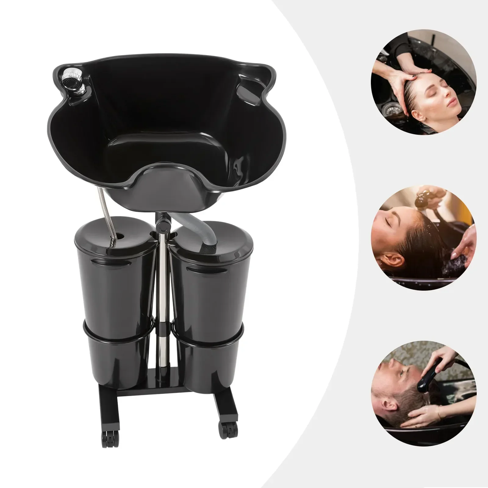 

2 Buckets Shampoo Bowl, Height Adjustable Electric Hair Washing Station Mobile Plastic Hair Washing Tray, for Home, Barber Shop