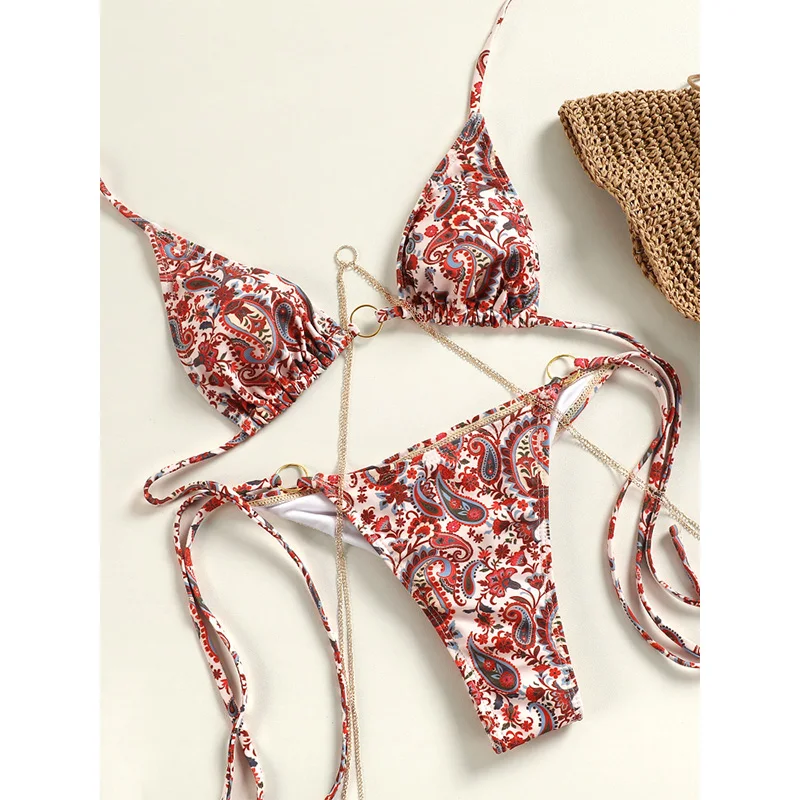 Triangle Bikini Set Sexy Swimsuit Women Print Swimwear Female Beachwear Micro Thong Bikinis Triangle Bathing Suits