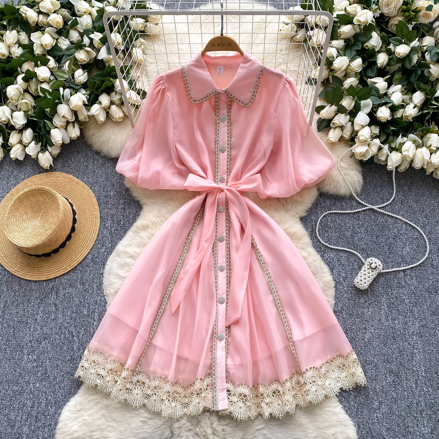 2025 ฤดูร้อนชุดวินเทจใหม่หญิงโคมไฟ Turn-Down COLLAR Lace Spliced Design SHEER คุณภาพสูงผู้หญิง PARTY Dresses