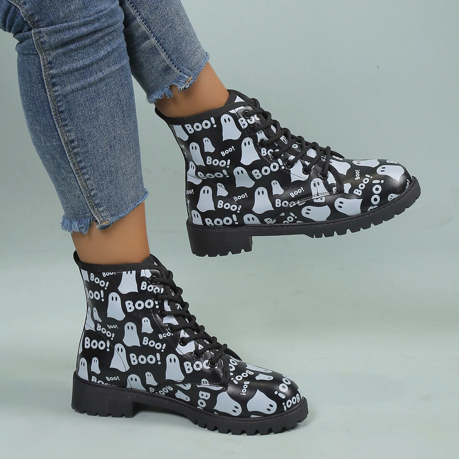 

New Little Ghosts Printing Halloween Boots Fall And Winter Europe And The United States England Style Ankle Boots Women's Shoes