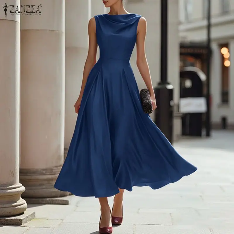 2026 ZANZEA Sommer Ärmelloses Büro-Arbeitskleid Stilvolles Damen-Satinkleid Elegantes Swing-Neck-Partykleid Einfarbiges A-Linien-Kleid
