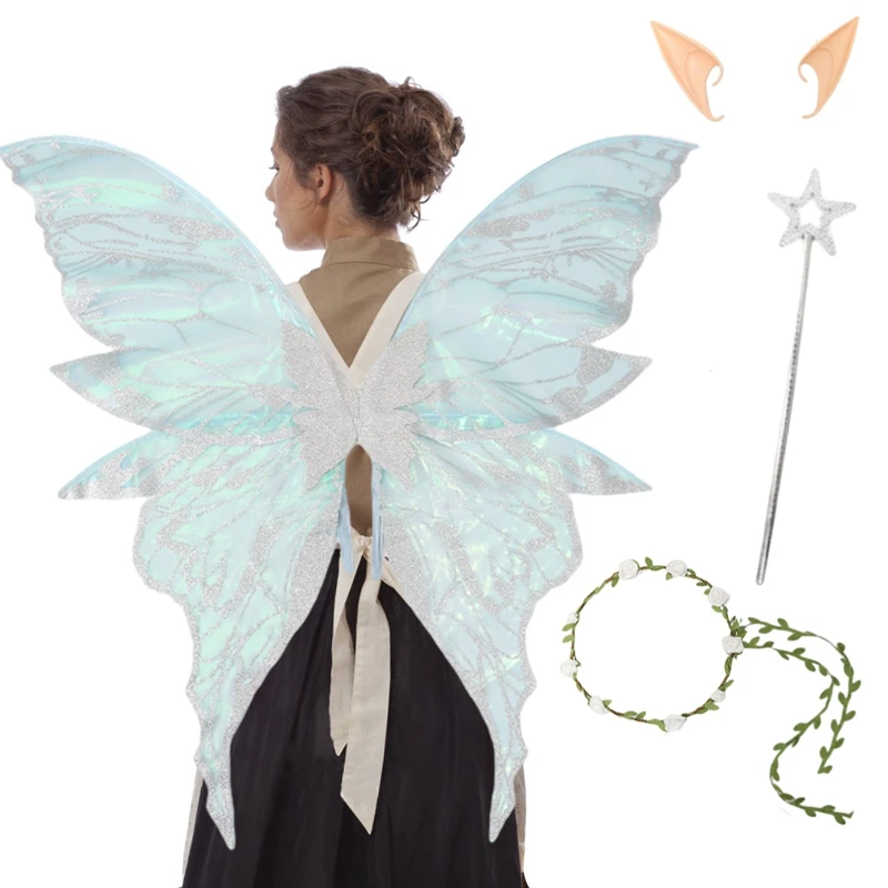 Juego de alas de hadas de Halloween de 4 piezas, alas de mariposa, orejas de elfo, varita de hada y diadema de flores, guirnalda para mujeres y niñas, juego de rol