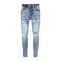 Y2KDesigner Street Fashion Boutique Men's Retro Light Blue Jeans Elastic Tight Patched Jeans Hip Hop Pants Hombre
