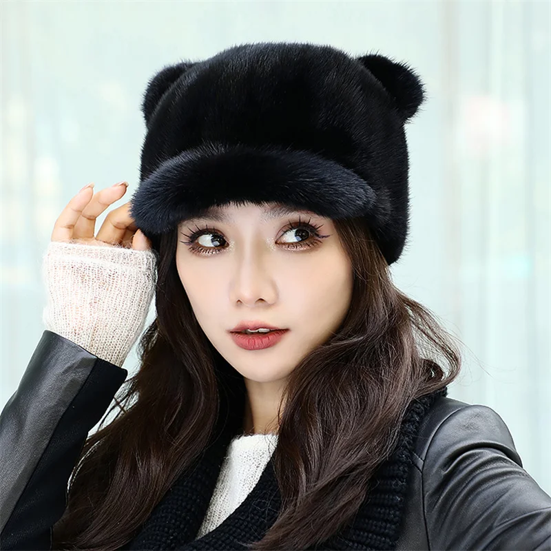 

Women's Mink Fur Cap Fashion Winter Real Mink Fur Baseball Cap Russian Bomber Milliner Warm Fluffy Ear Muffs Ski Cap