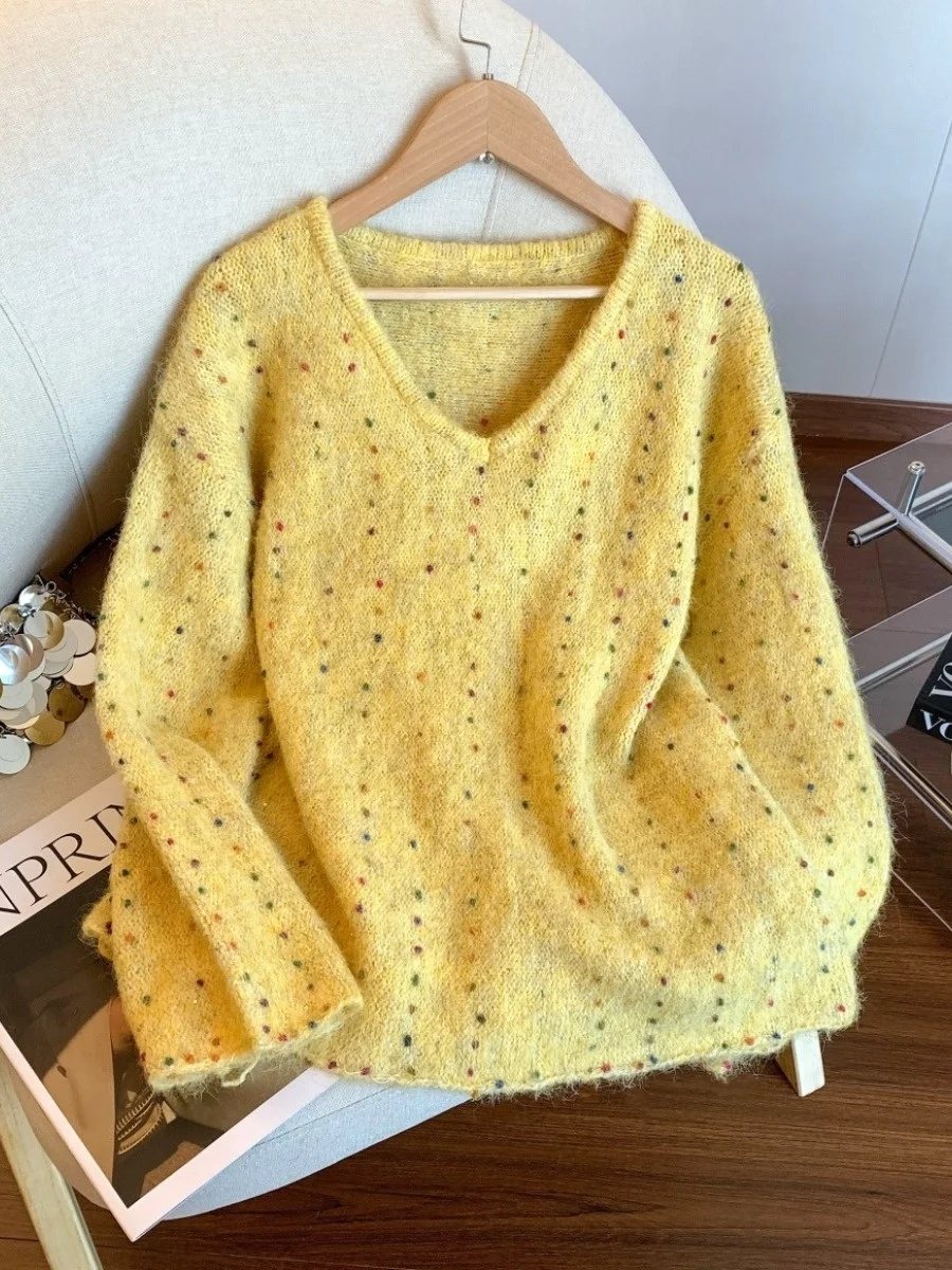 

Yellow Loose Knitted Sweater Women's V-Ne Mixed Color Japanese Sle Durable Spring Faion Anti-Stain Regular Sve Long
