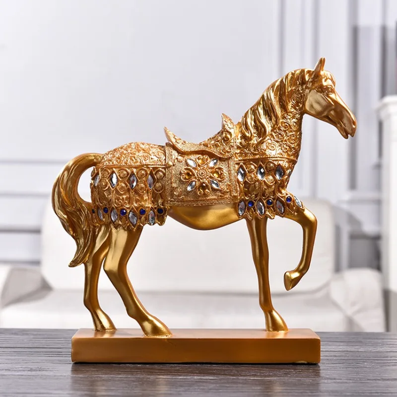 Creative Golden Horse Statues, Rural Carving Horse Ornaments, Gift Tables, Resin Horse Statues