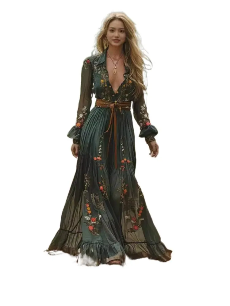 Étnico retro floral impressão plissado vestido longo primavera nova camisa gola botões vestido de festa feminino outono manga longa bohe maxi vestido