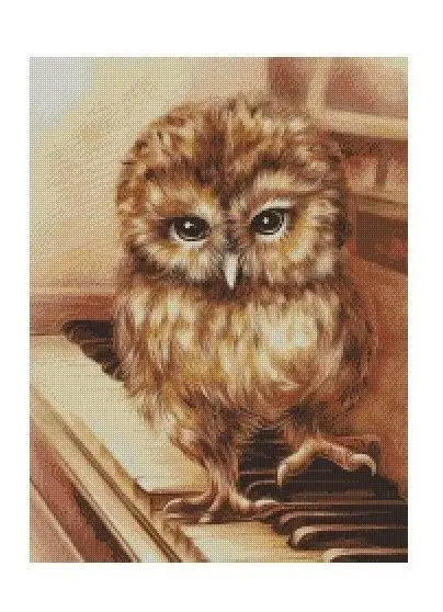 DIY Needle Work Cross Stitch Owl on the Piano 41-52 counted Cross Stitch Kit  28ct 14ct 32ct Metallic cotton aida