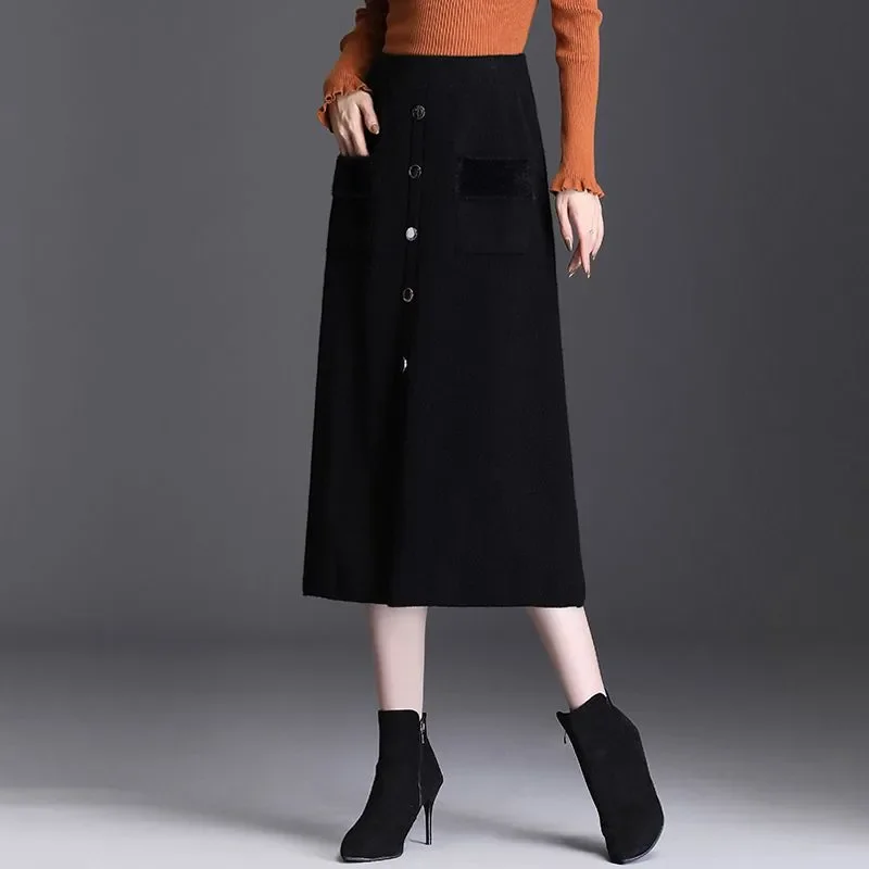 Knitted Skirt Women's Autumn Winter New High-waist Slim A-line Skirt Mid-length Thickened Winter Skirt Woolen Skirt