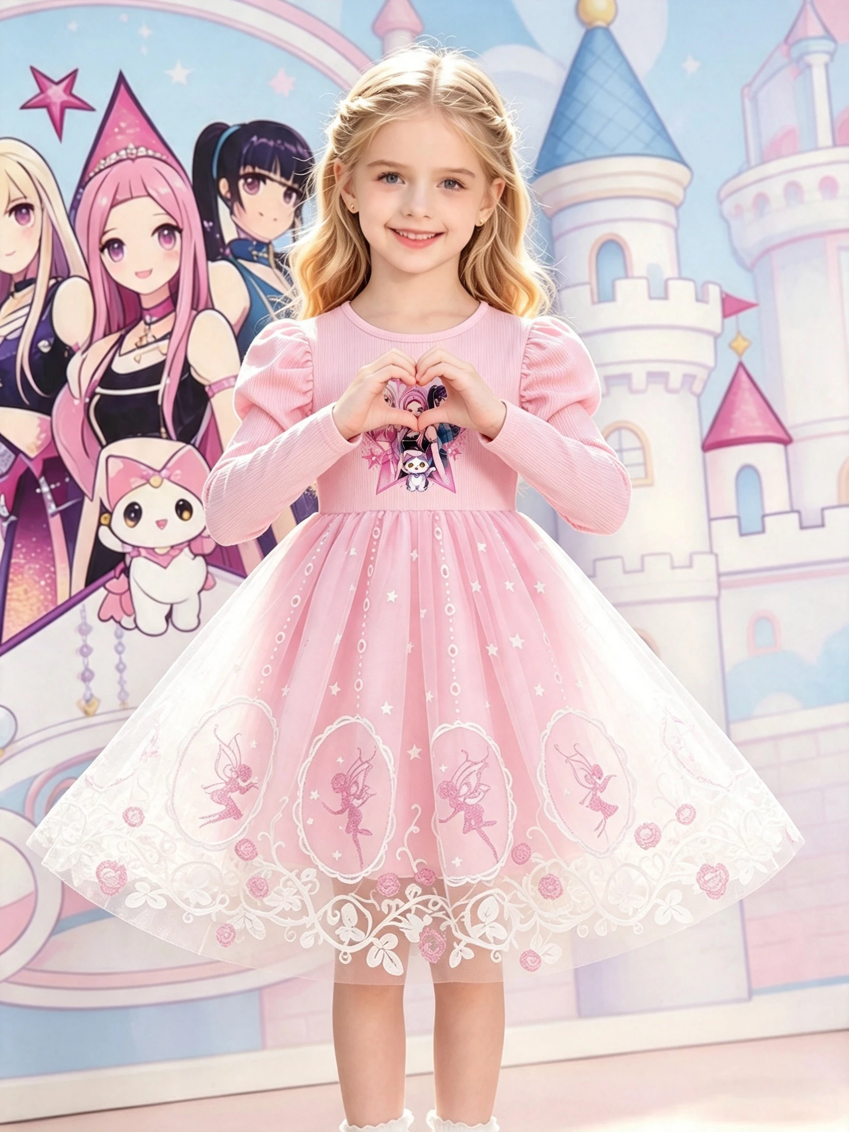 Mädchen-Cartoon-Print Langarm-Tüll-Prinzessinnenkleid, Rosa Puffärmel Elfen-Stickerei-Spitzen-Tutu-Kleid, Kinder Frühling und Herbst – Detail 5