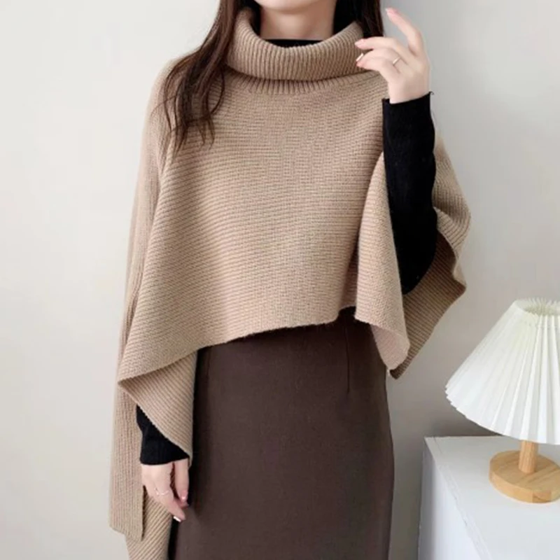 Winter New Irregular Vintage Turtleneck Knitted Cape Pullover Women Casual Knitwear Solid Basic Elegant Top Cloak Sweater