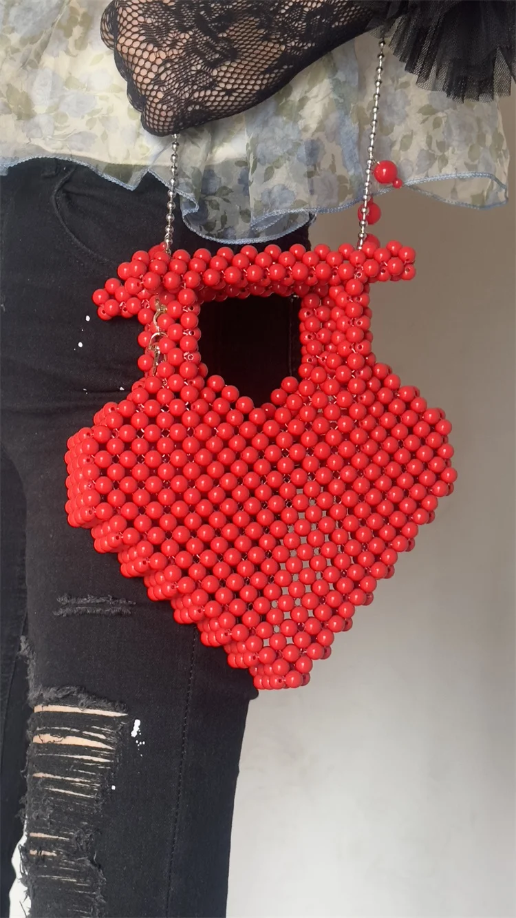 INS Style Red Heart  Beaded Design Women Clutch  Long Tassel  Evening Bags Party Wedding handle bag  Purse for Female Purses