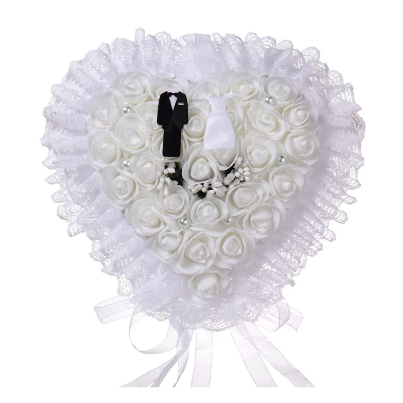 

Wedding Bride and Groom Pearl Ring Bearer Pillow White Rose Lace Ring Box Dropship