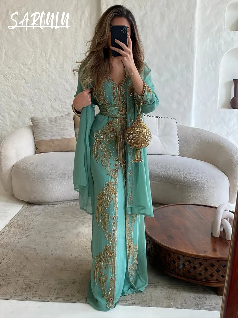 

Vintage Kaftan Evening Dress Modern V Neck Beaded Prom Dresses Elegant Women Wedding Party Gown Customized Vestido De Gala