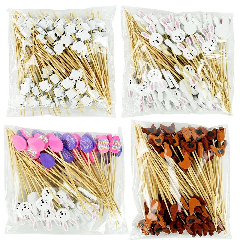 

100pcs Easter Bunny Fruit Toothpick Easter Decoration Rabbit Buffet Salad Cake Forks Cocktail Picks Disposable Bamboo Skewers