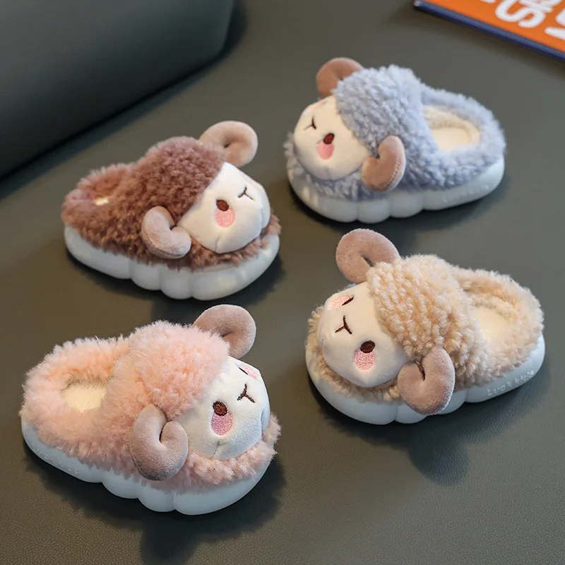 Children Slippers Indoor Plush Warm Cotton Shoes Boys Girls Cute Cartoon Sheep Home Slippers Baby Soft Sole Anti Slip Kids Shoes