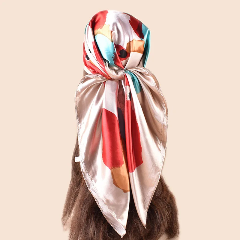

High Quality Shawl Satin Silk Square Scarf Women Flower Neckerchief Ladies Headband Hair Bands Print Foulard Hijab Wraps Bandana