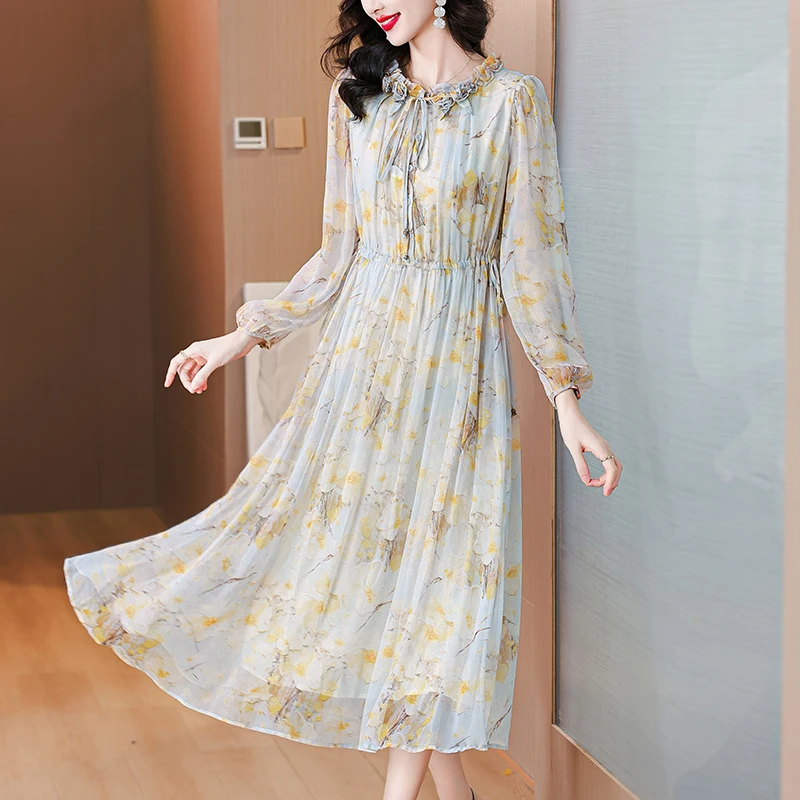 

Весенне-летние платья макси из натурального шелка с принтом, 2025 г., повседневное винтажное платье миди, женское элегантное облегающее вечернее платье, Vestidos