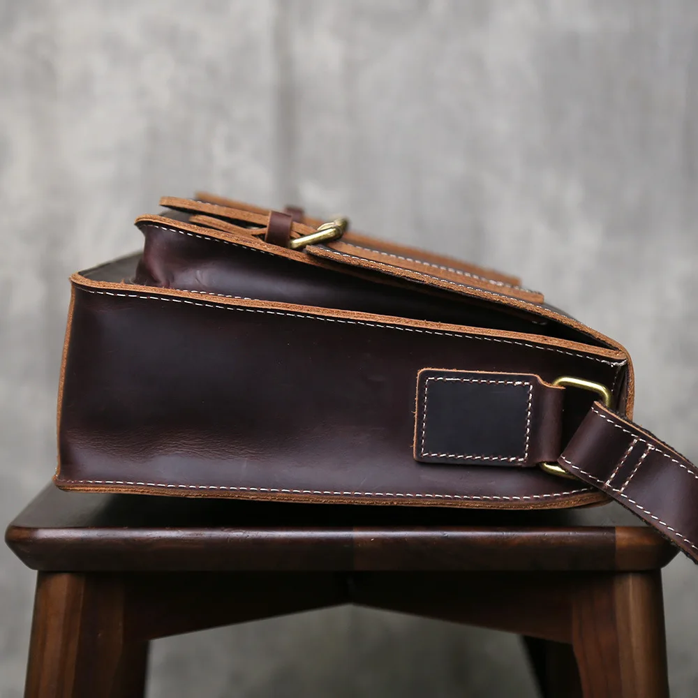 Retro Crazy Horse Leder Herren Schultertasche aus Vollnarbenleder Crossbody-Tasche Bestseller Horizontale Messenger-Tasche – Detail 6