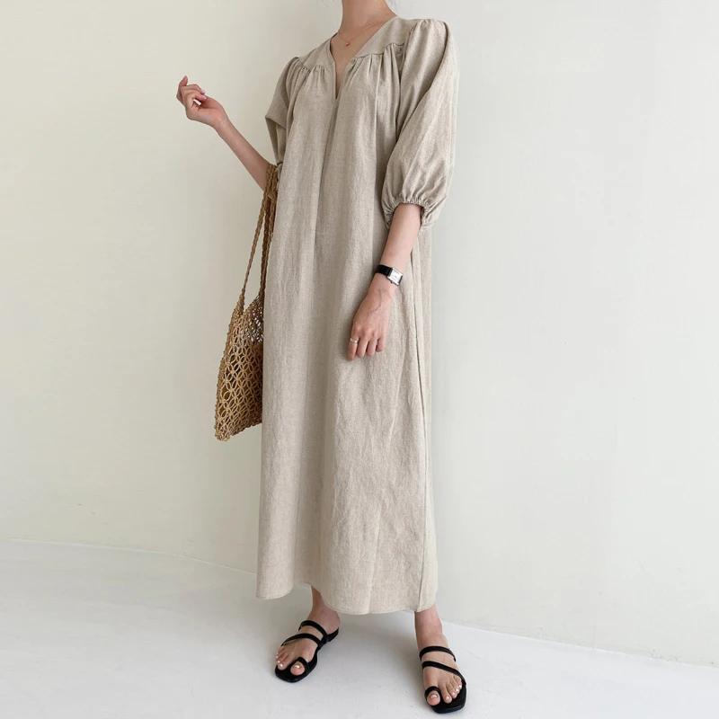 Johnature New Solid Color V-neck Women Dress 2024 Summer Korean Puff Sleeve Loose Simple Casual Female Dresses 2 Colors